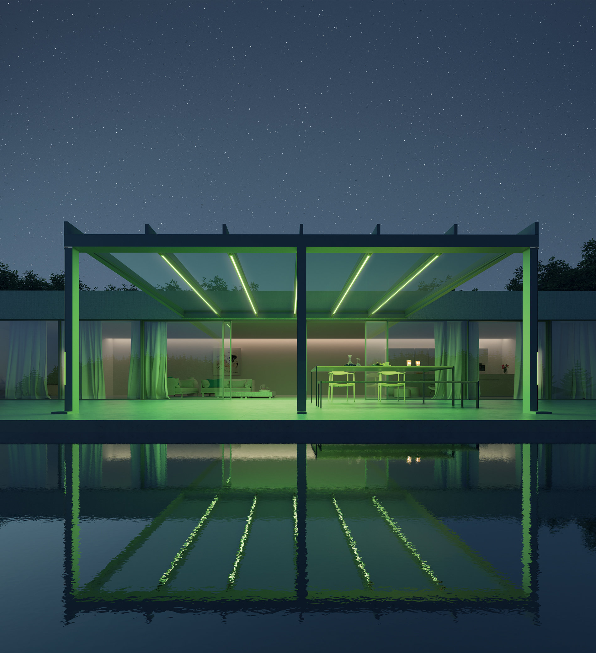 Eine mit beleuchteter Glasdach-Pergola überdachte Terrasse vor einem modernen Haus mit Pool
