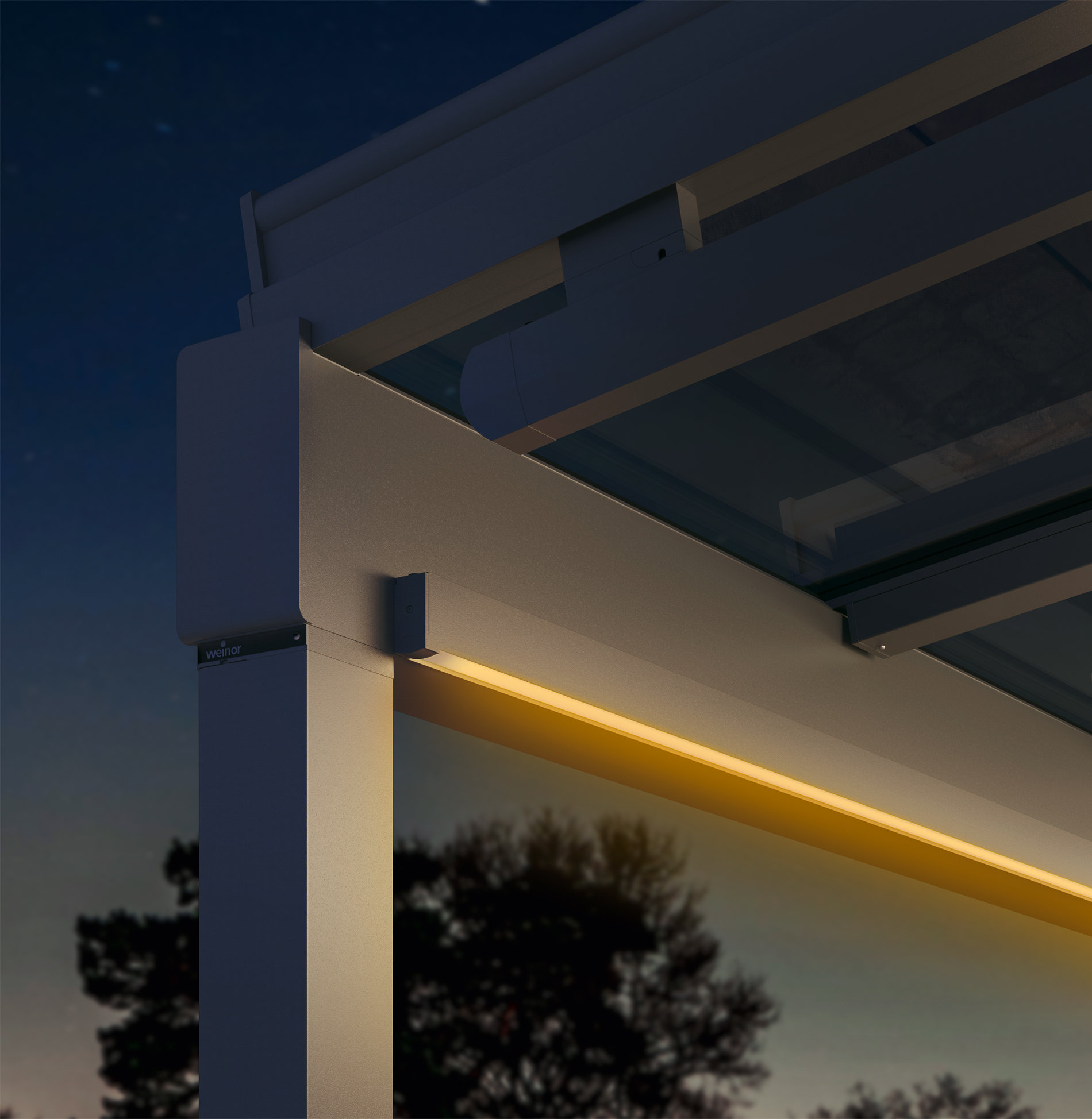 Detailansicht einer integrierten Beleuchtung in eine Glasdach-Pergola